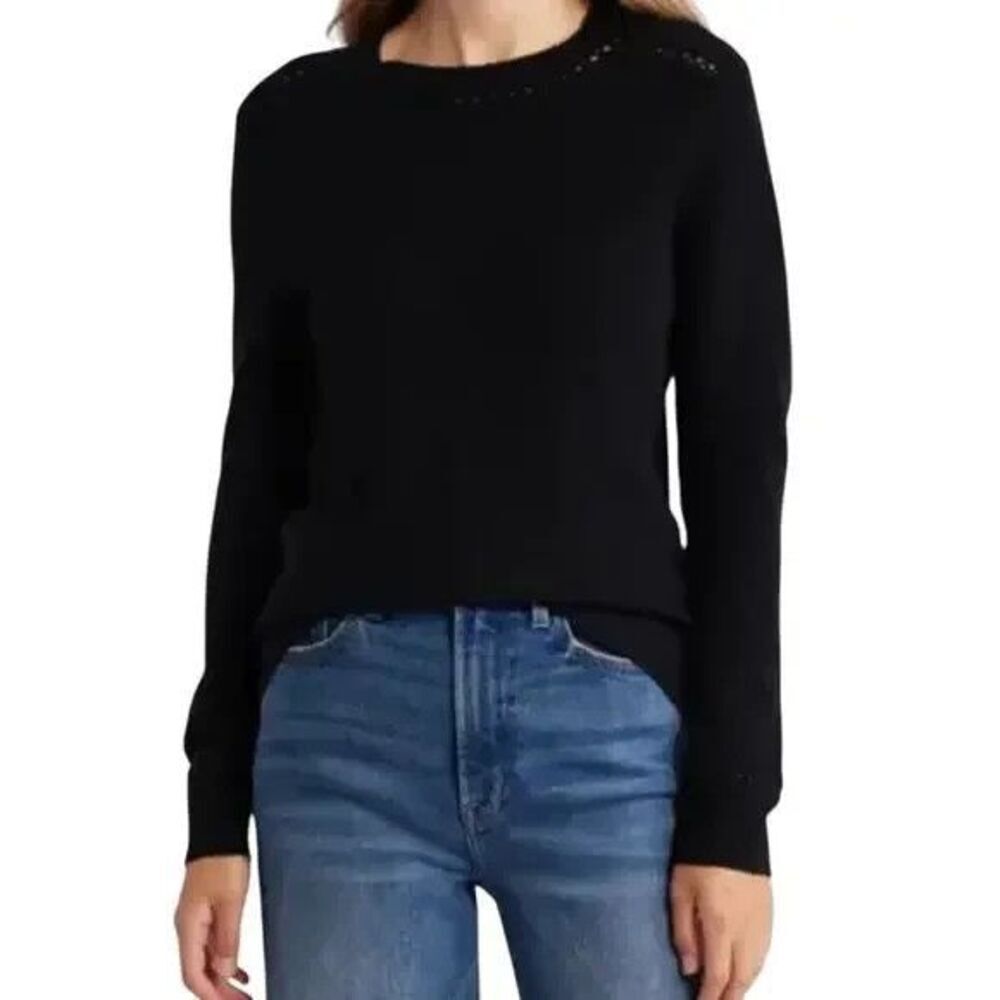 GRIFFEN Open Stitch Trim Wool & Cashmere Crewneck Sweater Size M Black NEW